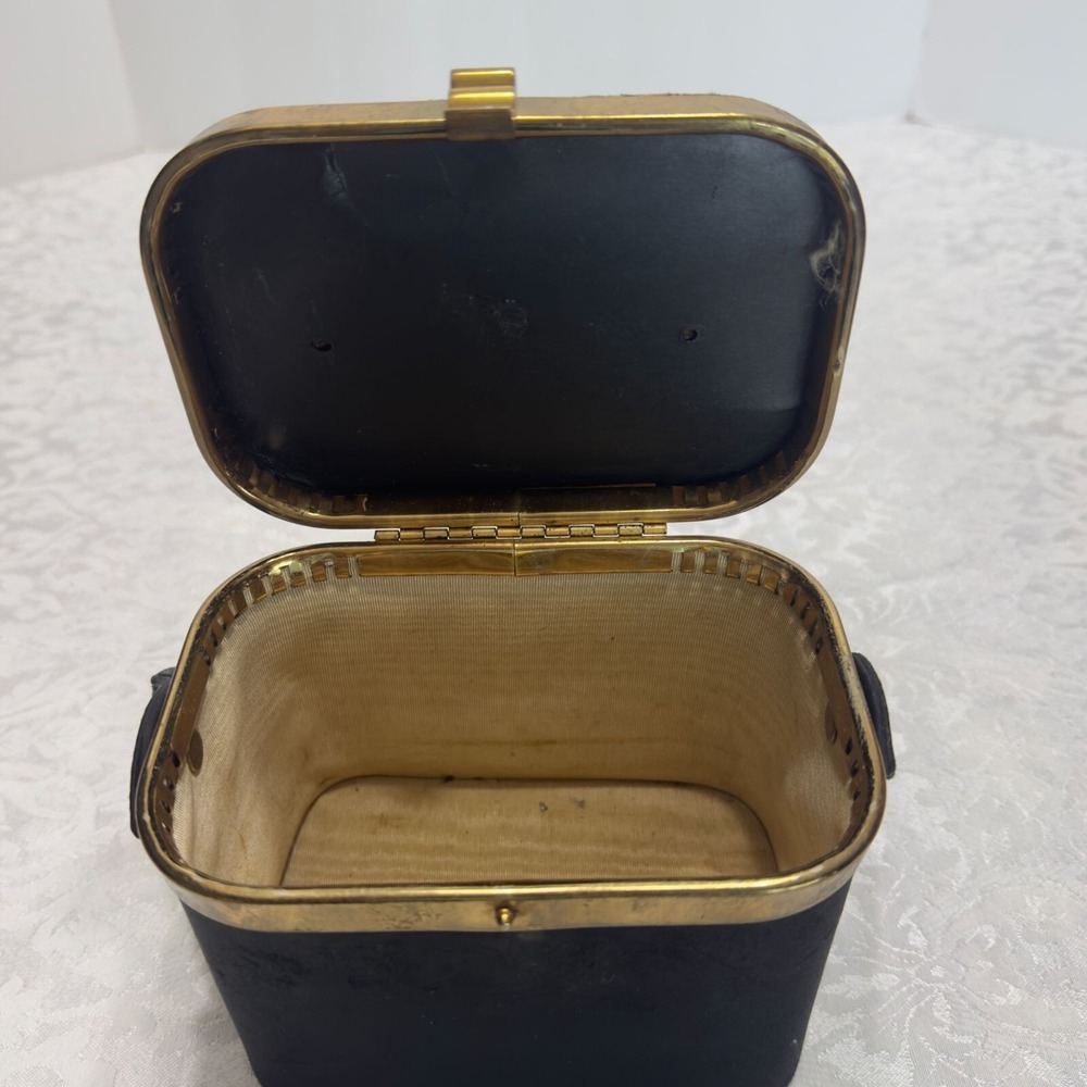 Vintage Black Box Top Handbag Brass Accent Purse Needle Point Petit Tapestry 60s - Picture 8 of 12